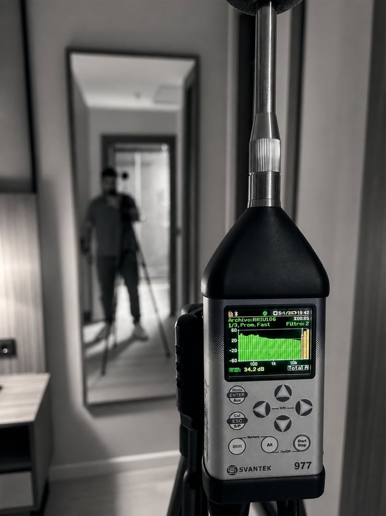 A Svantek 977 sound level meter performing an acoustic insulation test in a modern room.