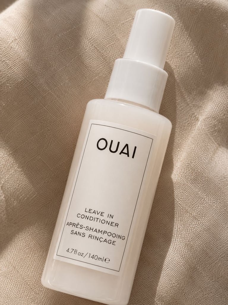 Clean girl aesthetic hair care product flatlay with soft neutral styling