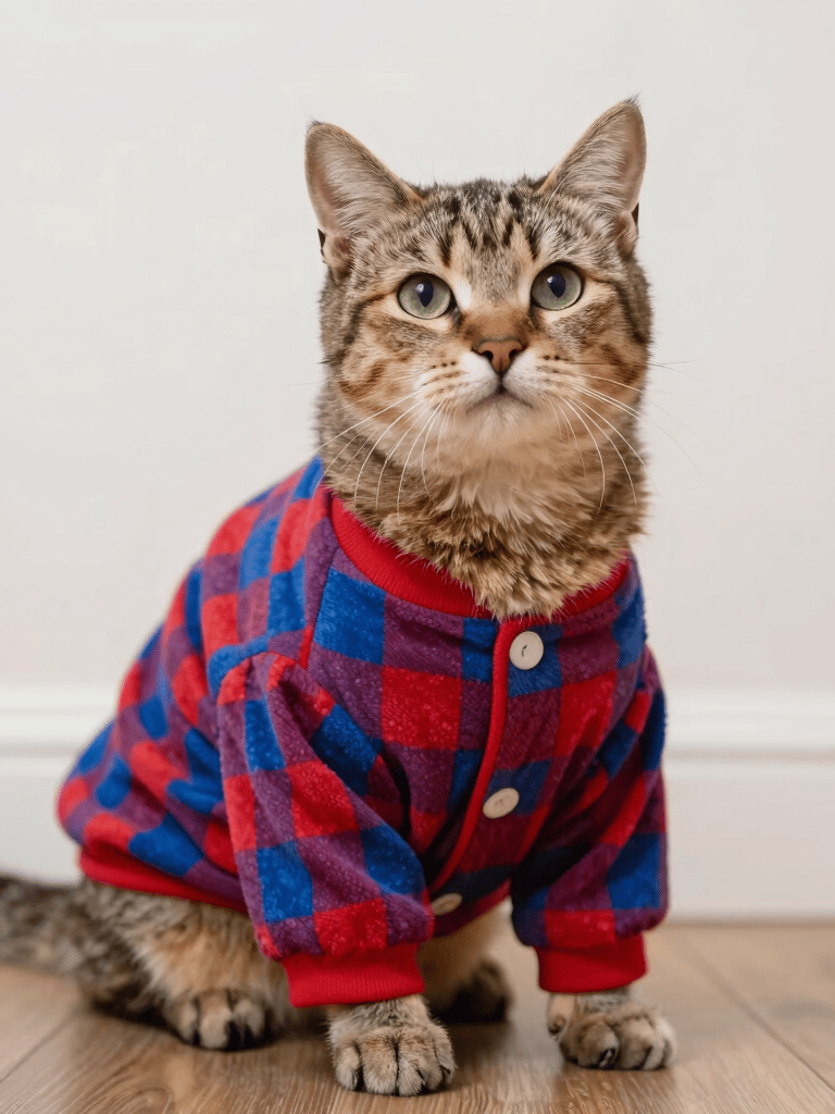 Un gato atigrado con una camisa de franela a cuadros rojos y azules sentado en un suelo de madera.