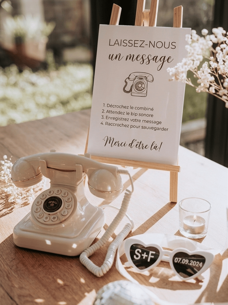 Vintage rotary audio guest book phone with French instruction sign for wedding reception messages.