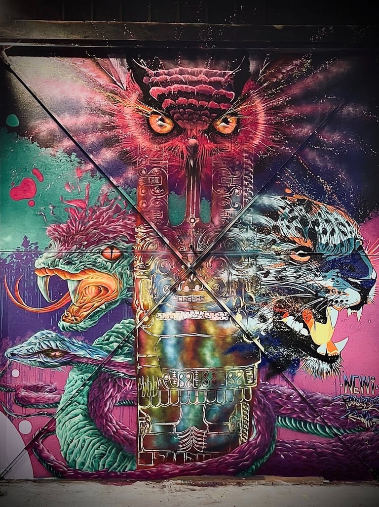 une fresque graffiti avec une serpent une chouette un jaguar et un totem