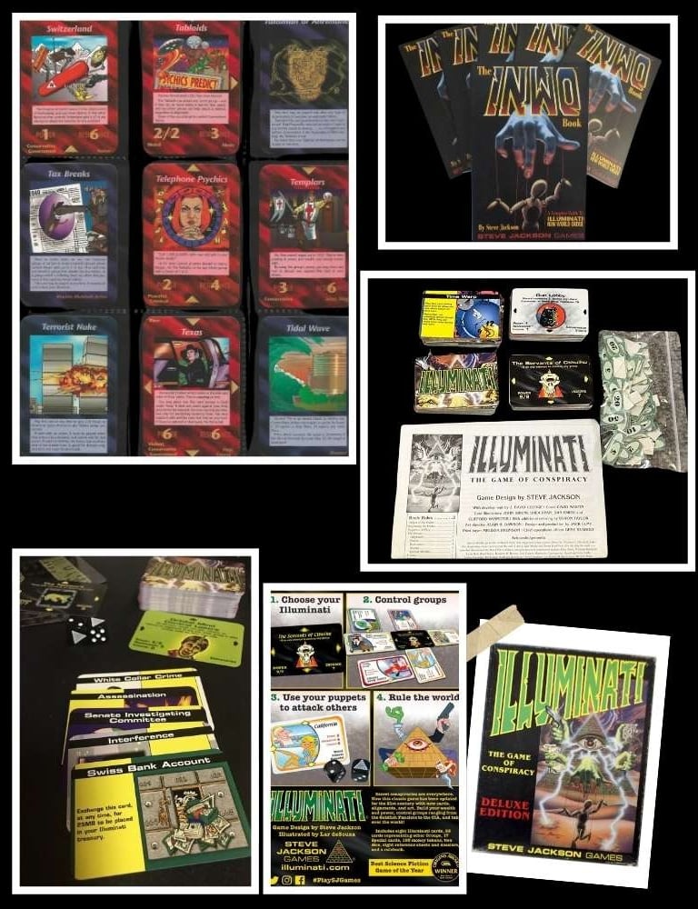 Cartas do jogo illuminati INWO 1995, Caixa do jogo deluxe 1987, Livros de regras (imagem e texto)