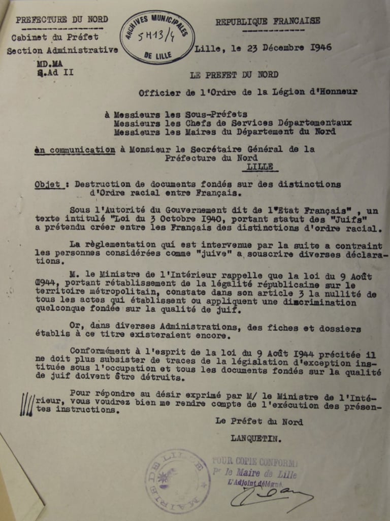 circulaire M Lanquetin préfet du Nord destruction documents discriminant les Juifs