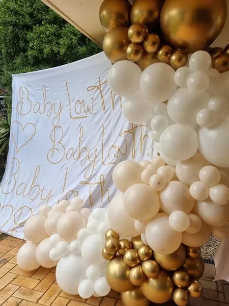 Balloon Garland created to match in Gold White in Victoriapoint, Redlands - party hire by SweetAz Co.
