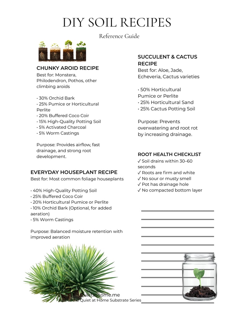 Download the free DIY soil recipe guide from Quiet at Home, a printable plant care resource