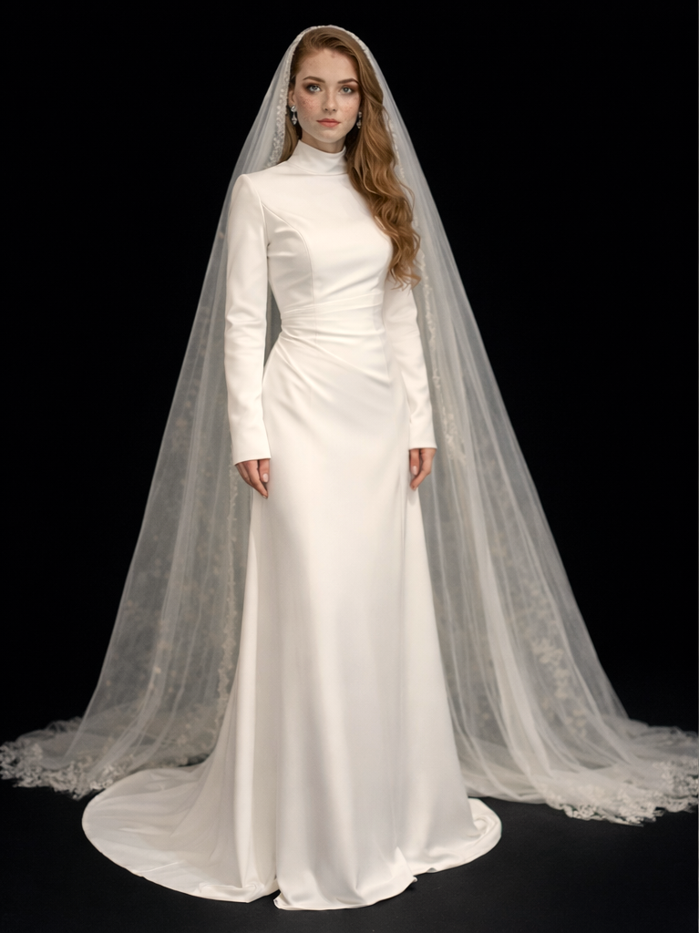 Robe de mariée voilée en satin silk ivoire avec jupe évasée et taille cintrée