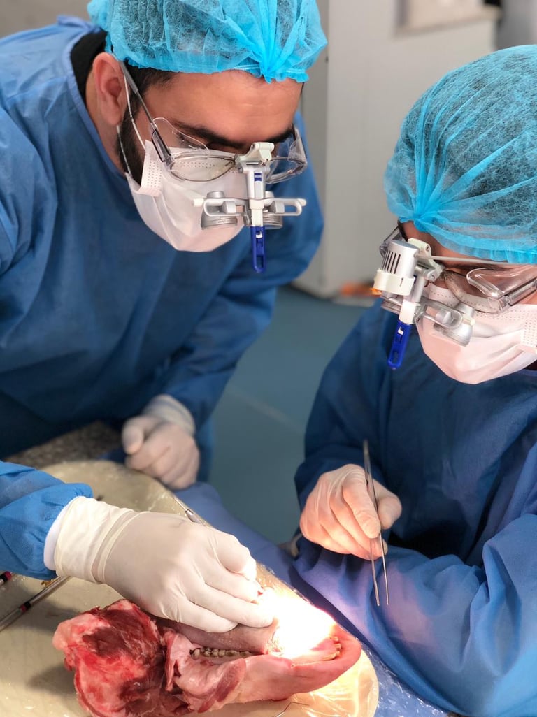 Surgeons in scrubs using dental loupes and headlamps to perform a complex oral surgery procedure.