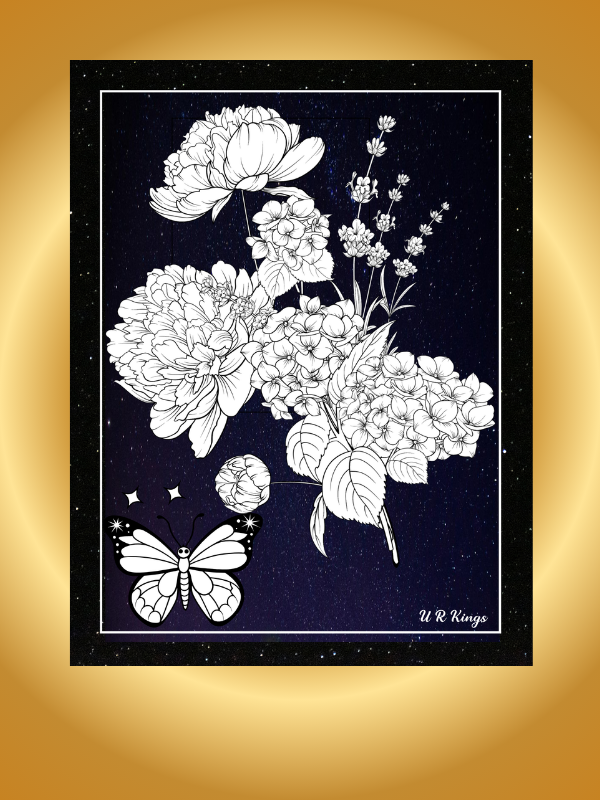 Black and white floral line art with a butterfly against a starry night sky background.