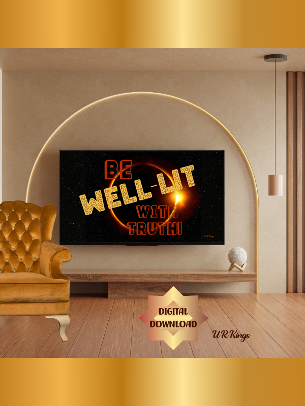 Modern living room featuring a digital art TV display with solar eclipse graphics and motivational text.