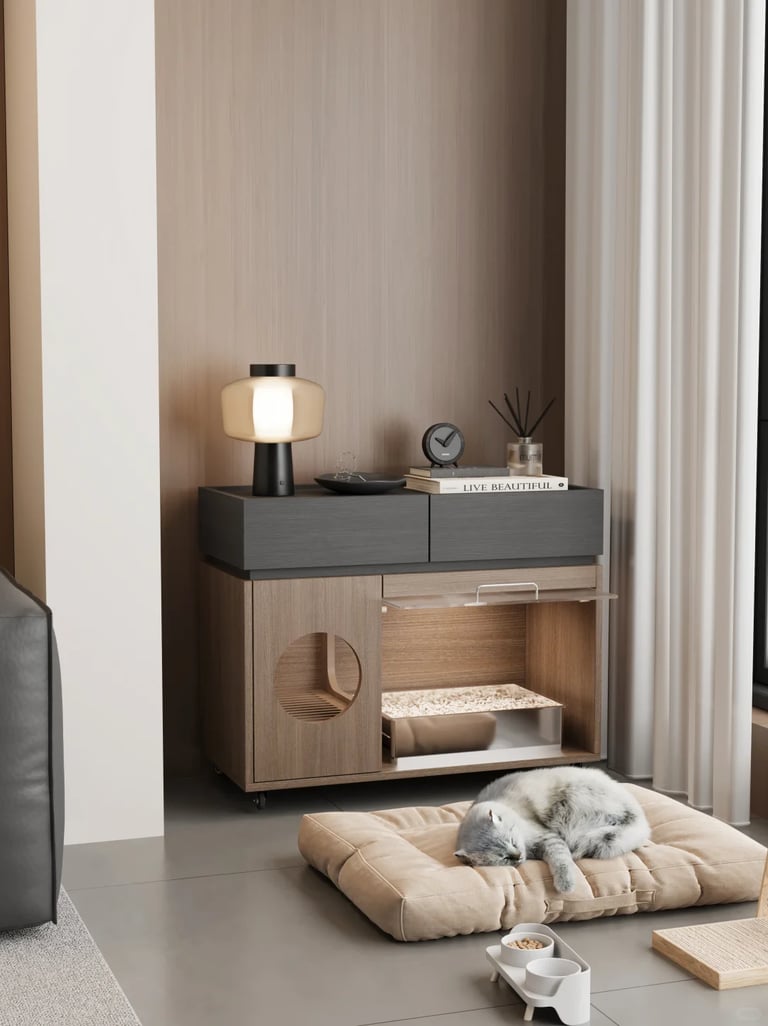 Calm pet-friendly living area with a soft cat cushion, simple storage cabinet and fewer essentials f