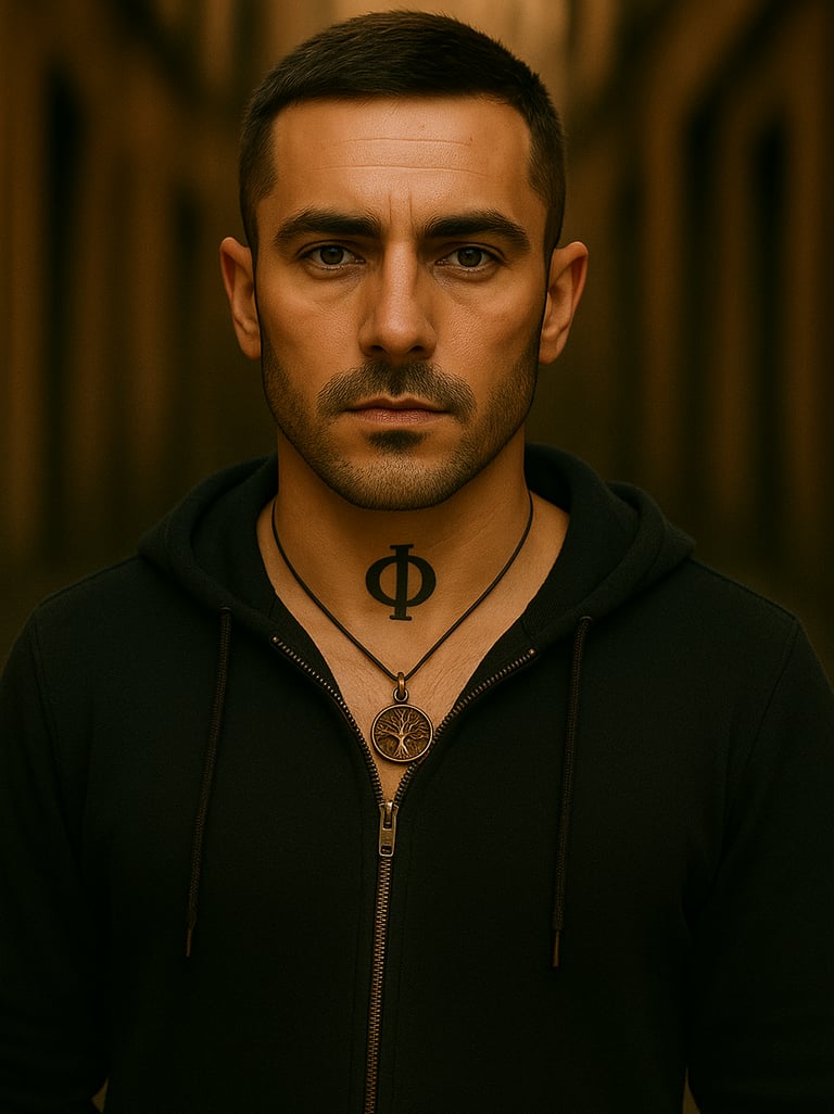 homme avec le symbole phi en tatouage et un pendantif arbre de vie. Regard fixe et réfléchint