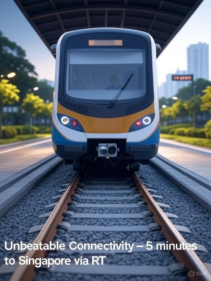 Modern train at a station with the text Unbeatable Connectivity – 5 minutes to Singapore via RTS.