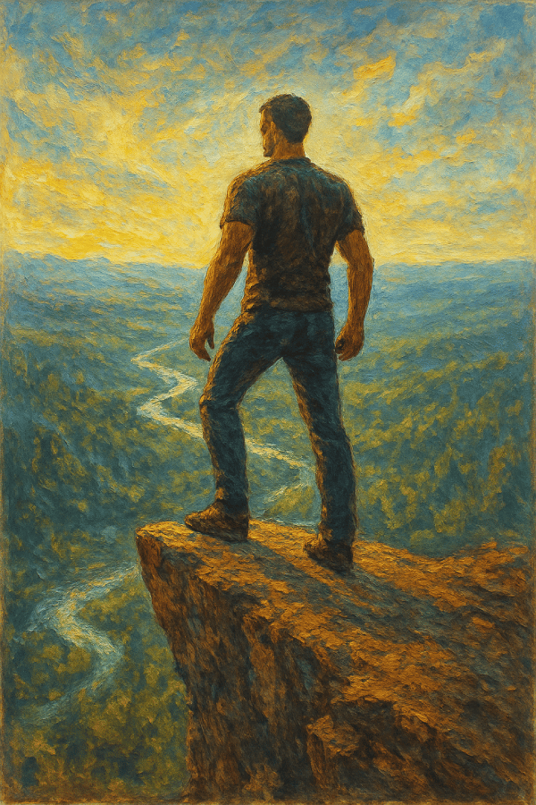 rough oil painting of a masculine man at a mountain edge