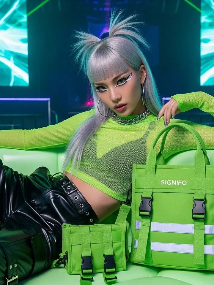 Model wanita dengan hasil aplikasi produk dari kain kanvas polyester SIGNIFO warna HIJAU MELON