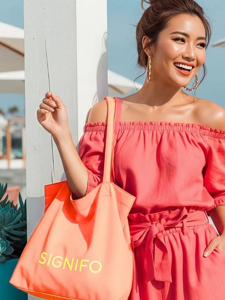 Model wanita dengan hasil aplikasi produk dari kain kanvas polyester SIGNIFO warna PEACH