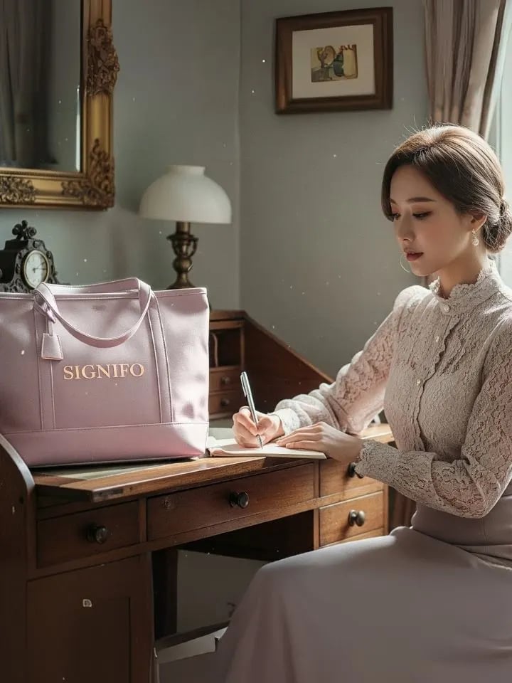 Model wanita dengan hasil aplikasi produk dari kain kanvas polyester SIGNIFO warna SUSU MILO