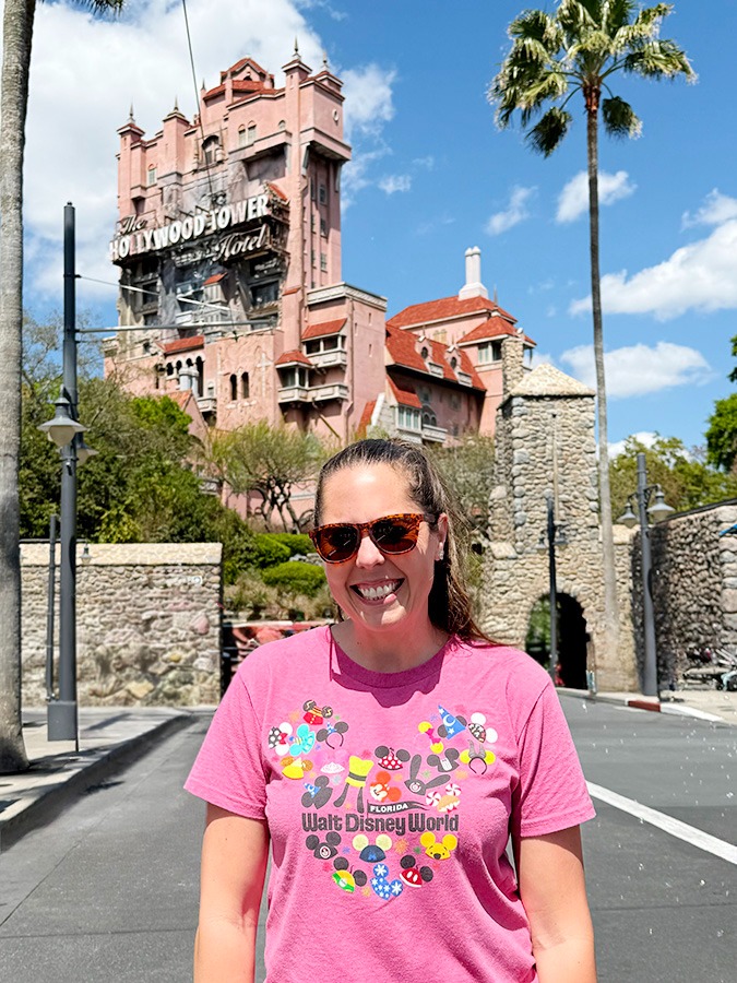 Jennifer Becker pictured in front of The Hollywood "Tower of Terror" Hotel at Disney's Hollywood Studios® Park..