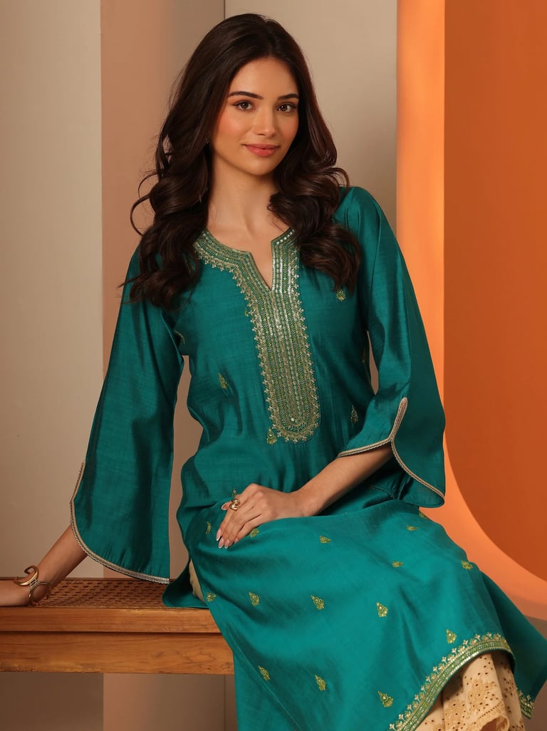 green silk straight kurta tryshopy