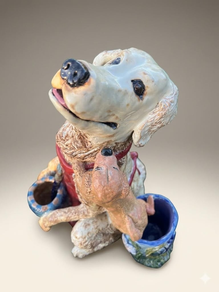 Hand-sculpted ceramic Golden Retriever artist sculpture in warm honey glazes.