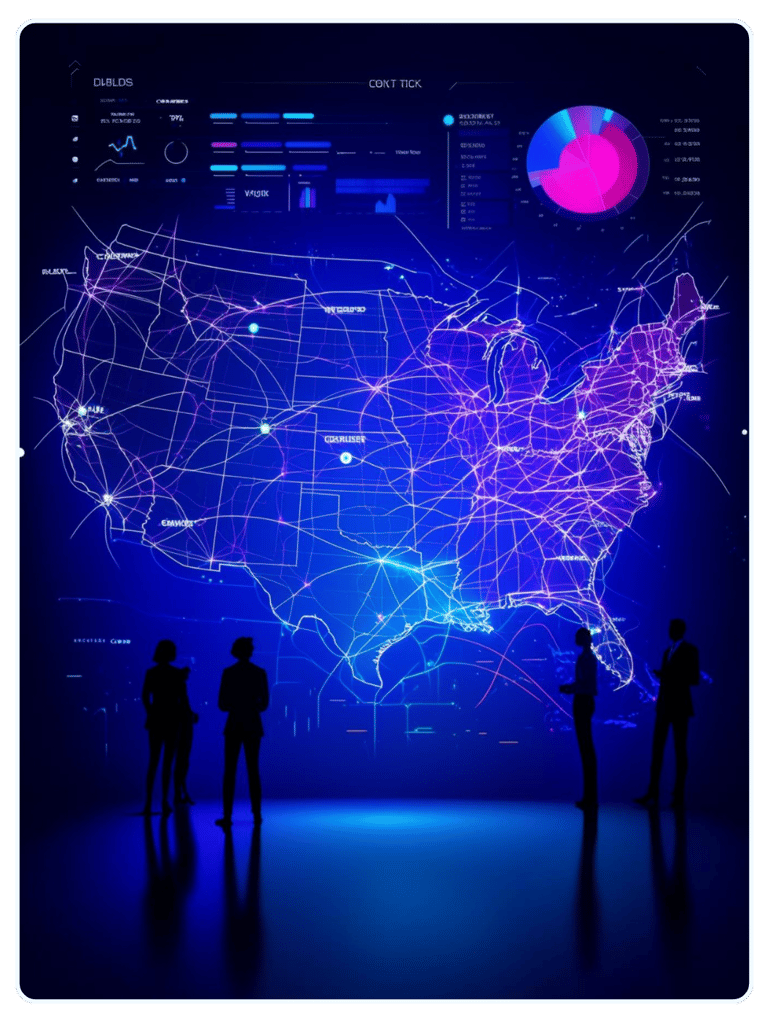 professionals analyzing a data-rich digital map of the United States