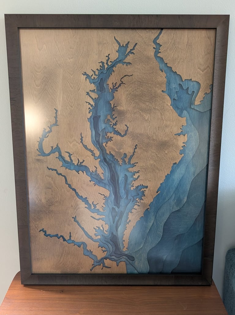 A 3d cut wood map of the Chesapeake Bay