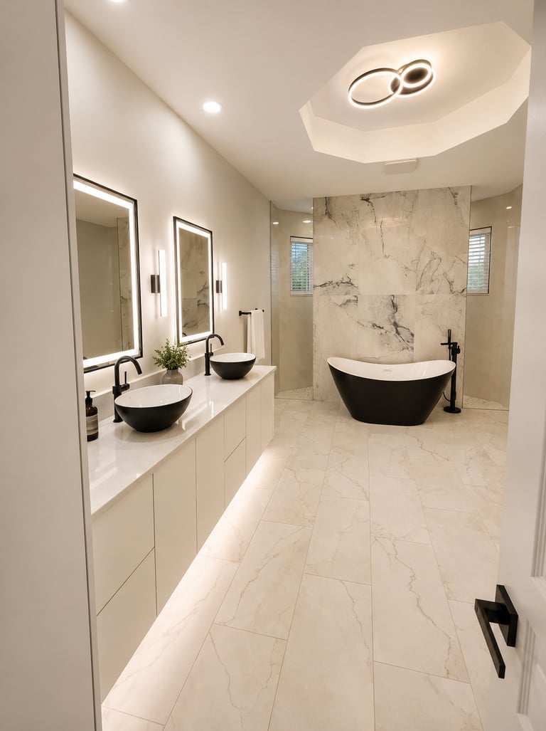 Modern master bathroom with a black freestanding tub, dual vessel sinks, and marble tile walls.