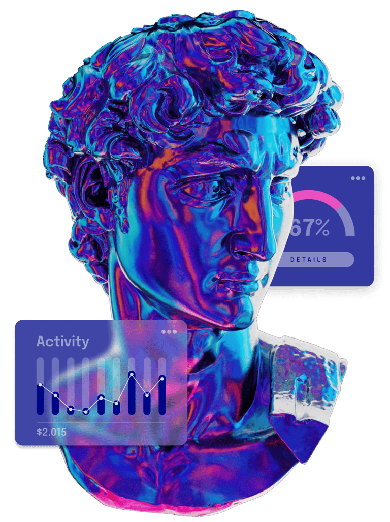 a sculpture of a head of a man with a phone in front of a credit