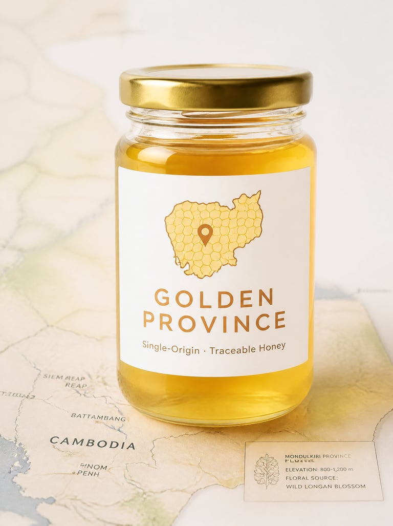 Golden Province single-origin traceable honey jar on a map of Cambodia.
