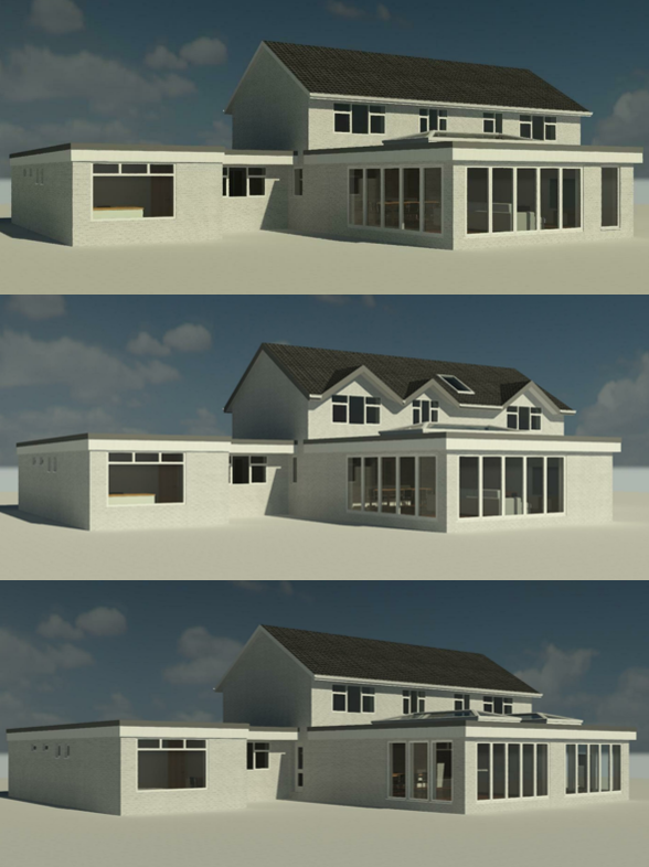 Multiple 3D digital design options converting a bungalow into a 2 story property with rear extension