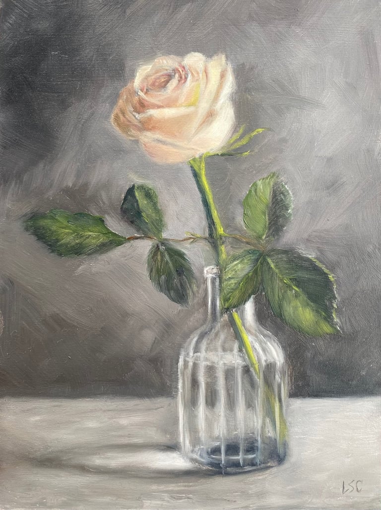 An original oil painting of a cream rose in a small glass vase