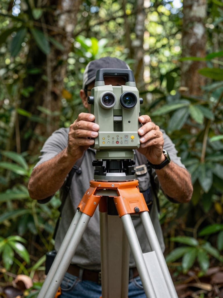 Professional surveyor adjusting a high-tech GNSS receiver on a tripod in a lush, sun-drenched Panamanian jungle clearing, sharp technical focus, 35mm