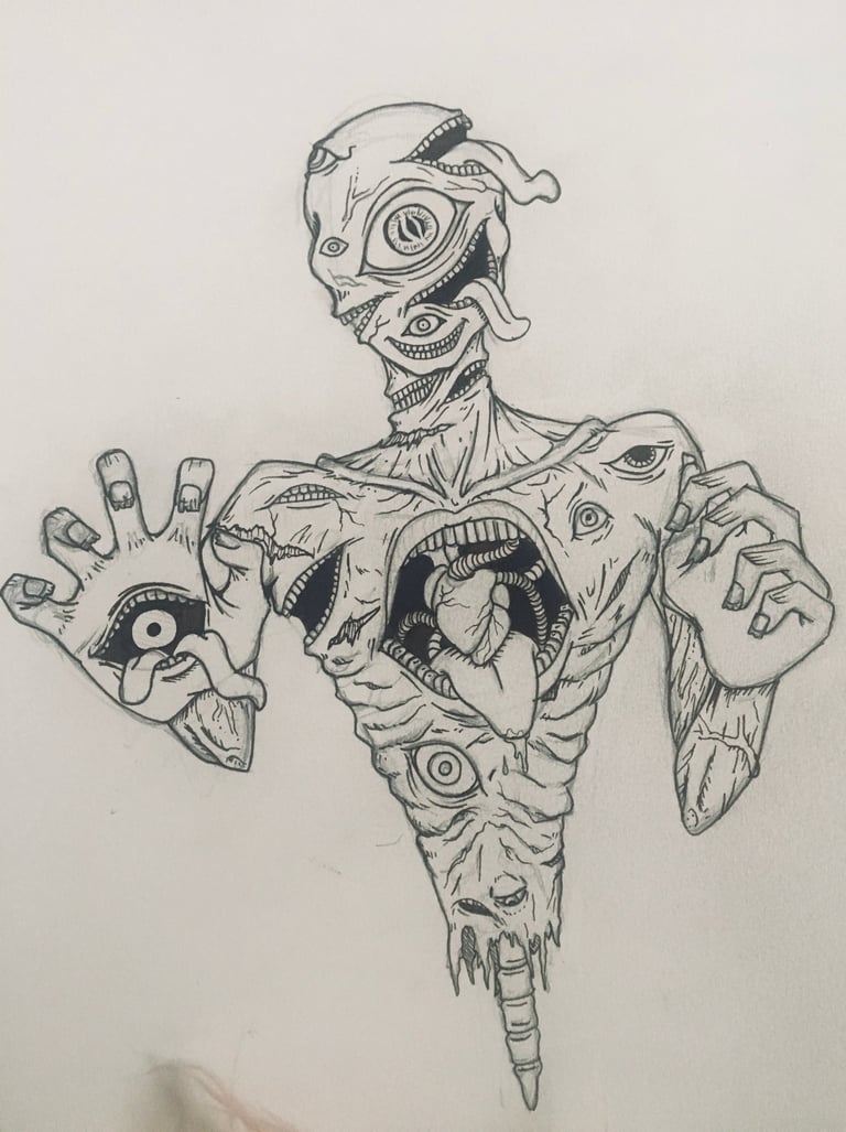 a marker drawing of a macabre demonic creature covered in eyes and mouths with an exposed heart coming out of its ribs.
