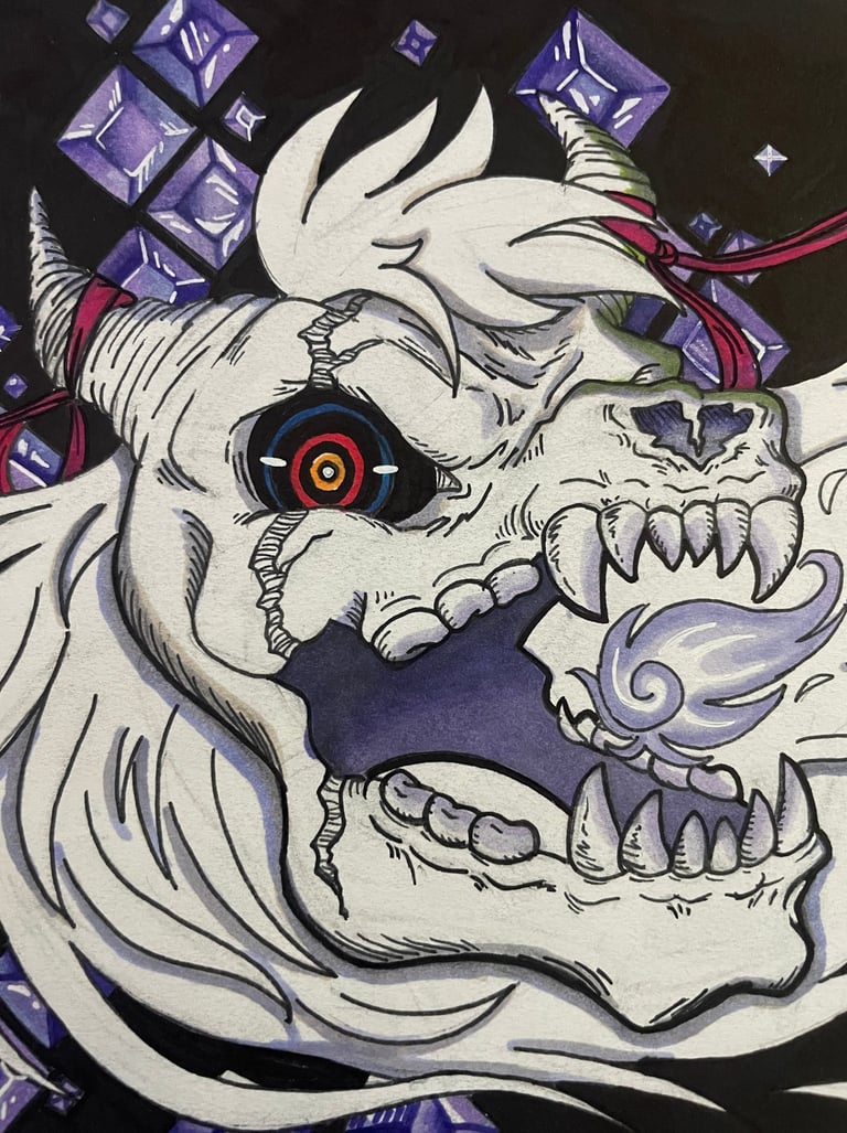 a marker on sketchpad drawing of a demon creature with purple gems and red straps 