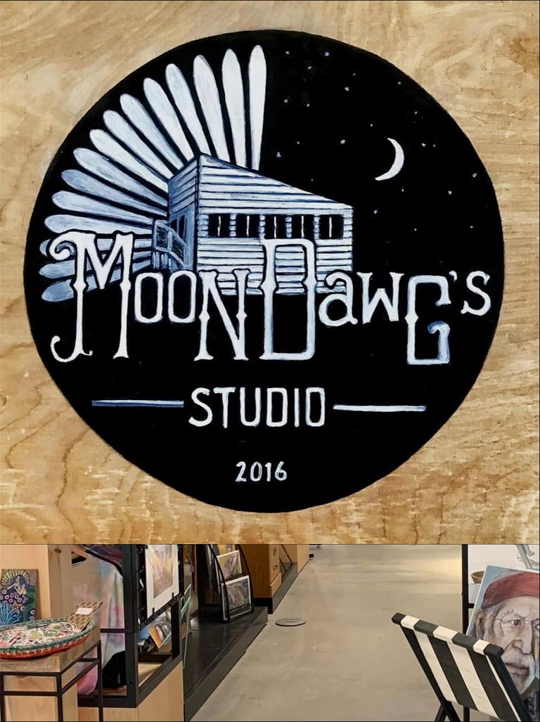 Hand-painted circular logo for Moon Dawg's Studio featuring a cabin under a crescent moon.