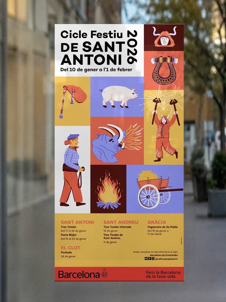 A poster in a glass door showing some illustrations for a city festival