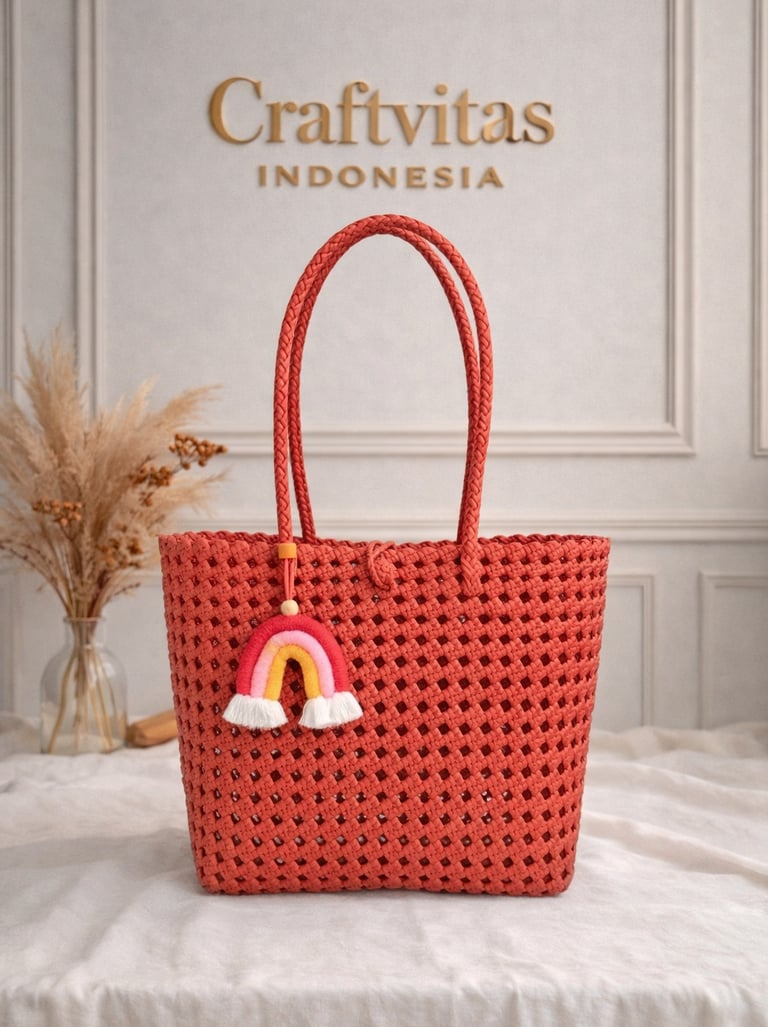 Tas anyaman plastik model sekar warna merah bata handmade Craftvitas Indonesia