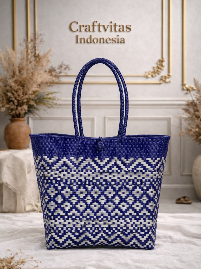 Tas anyaman plastik handmade warna biru dan putih motif etnik elegan dari Craftvitas Indonesia