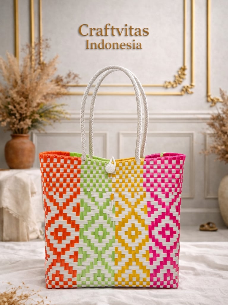 Tas anyaman plastik handmade warna putih multicolor motif diamond ceria dari Craftvitas Indonesia
