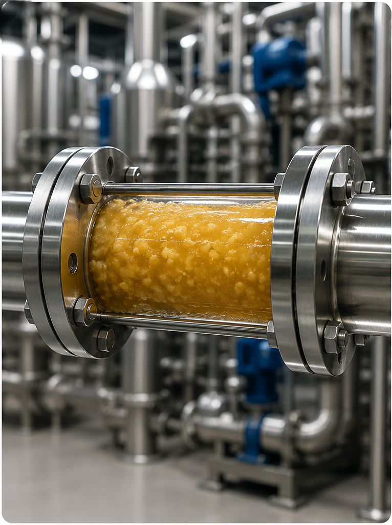 Industrial sight glass showing thick apple pulp flowing through stainless steel pipes.