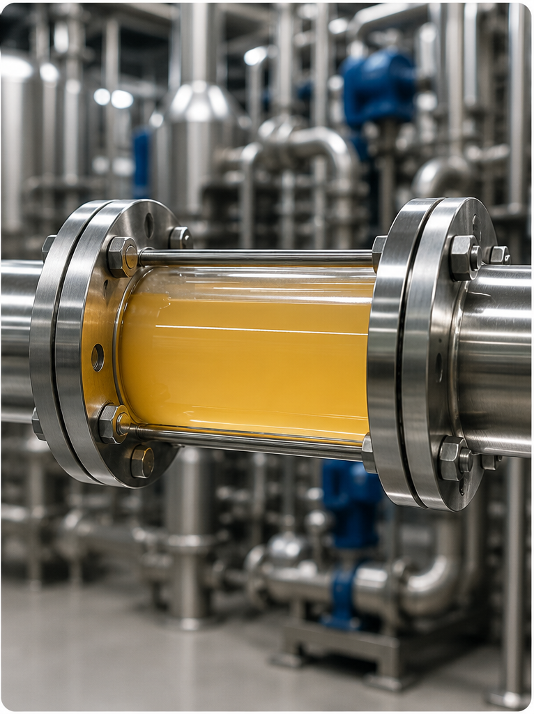 Industrial sight glass flow indicator showing yellow liquid in a stainless steel apple piping system