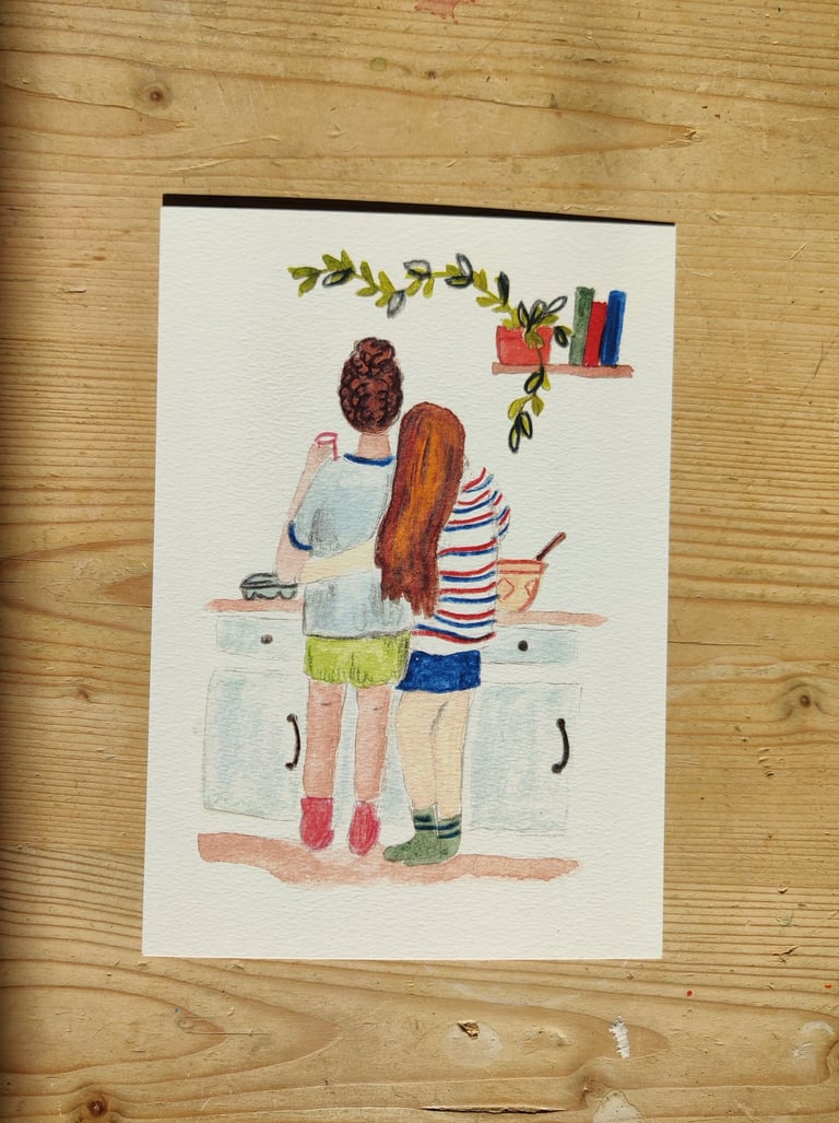 a queer greetings card or print of a lesbian couple in the kitchen