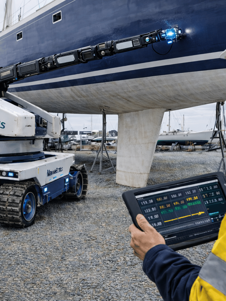 robot inspecting thickness measurements vessel hull in shipyard