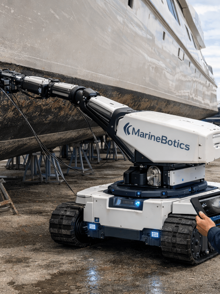 robot inspecting aumented reality vessel hull in shipyard