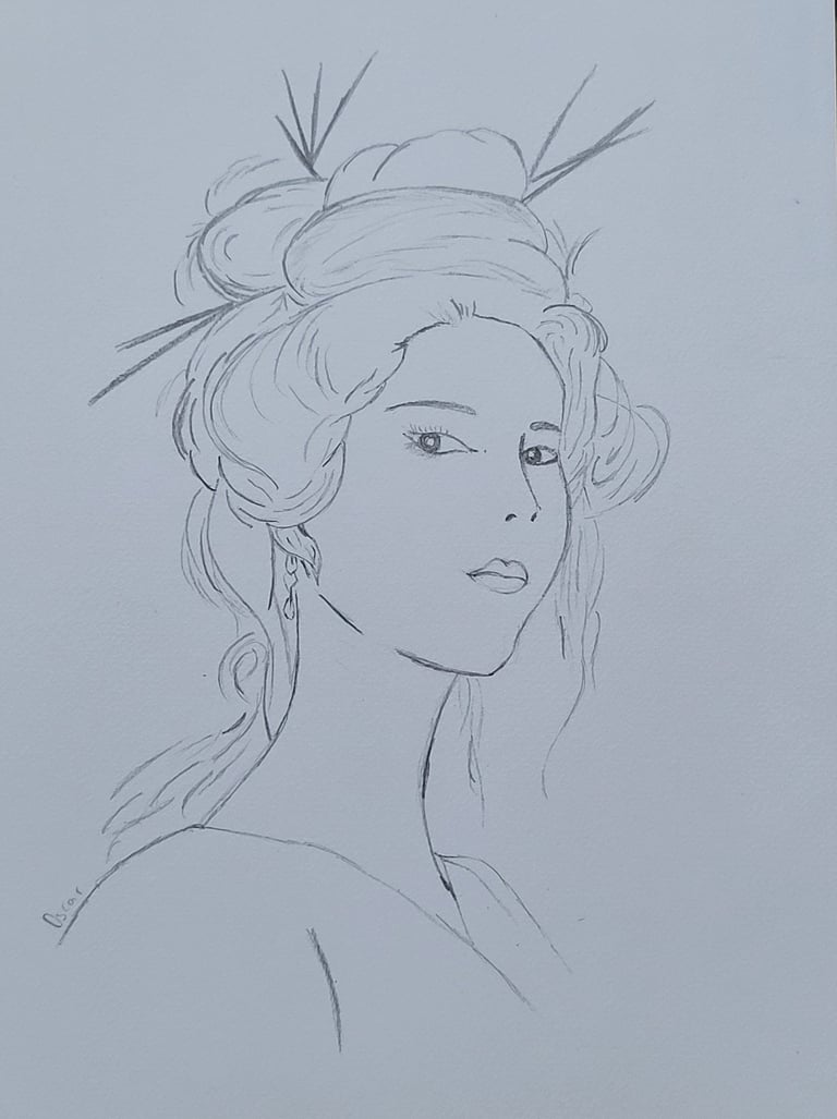 Dibujo a lápiz hecho por Óscar Ocaña Parrón; una mujer oriental mira con desafio al espectador