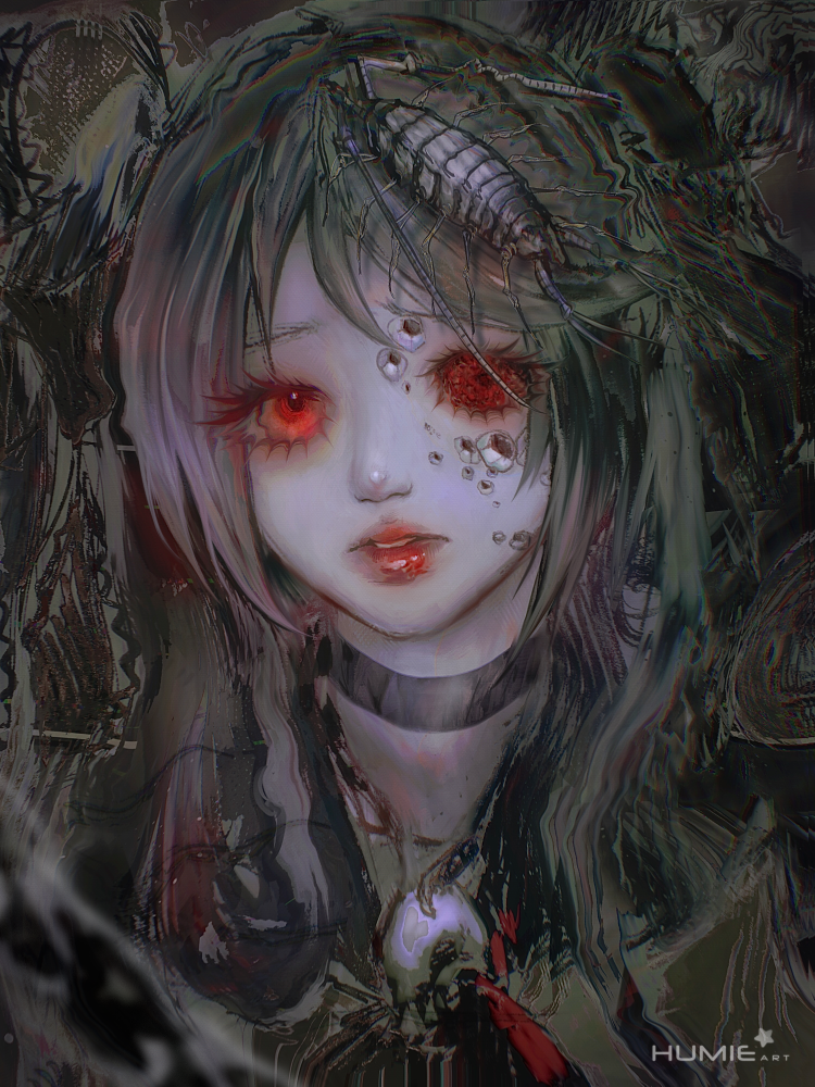 Fanart of Calne Ca with her insect pet, dark atmosphere, glitchy and experimental textures.