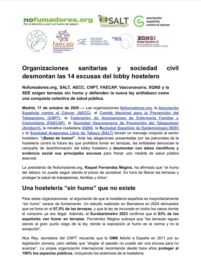 Organizaciones sanitarias y sociedad civil  desmontan las 14 excusas del lobby hostelero 