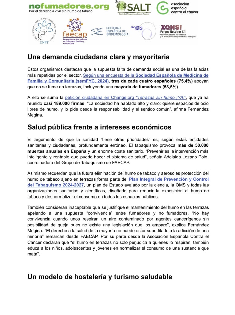 Organizaciones sanitarias y sociedad civil  desmontan las 14 excusas del lobby hostelero 