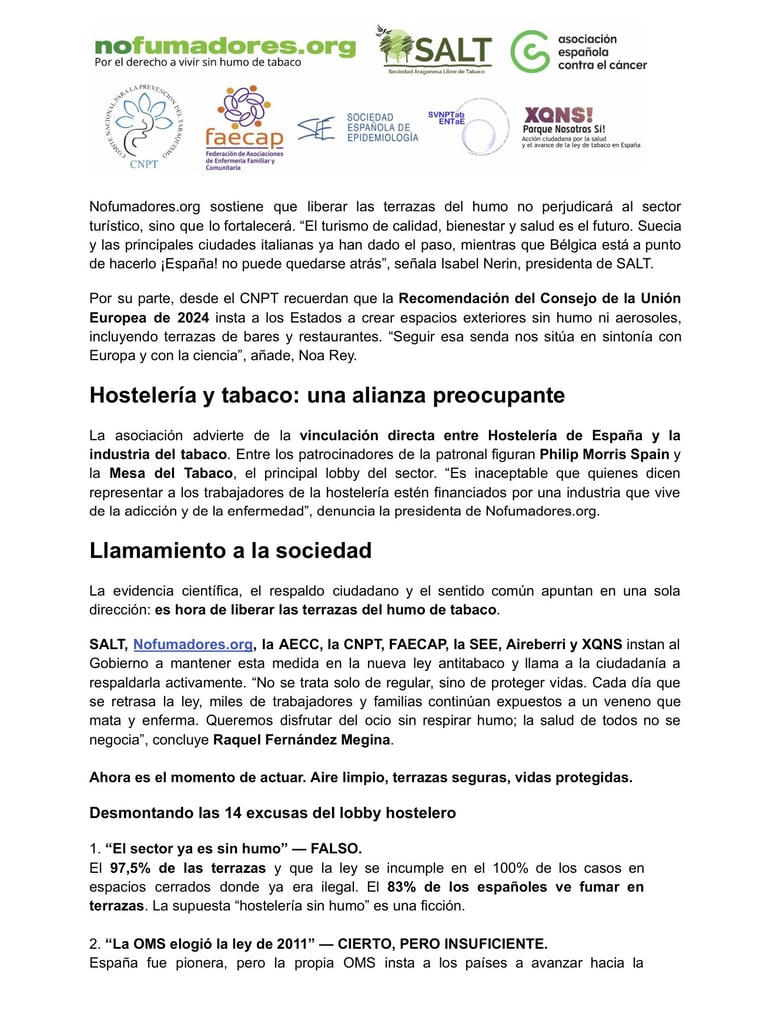 Organizaciones sanitarias y sociedad civil  desmontan las 14 excusas del lobby hostelero 