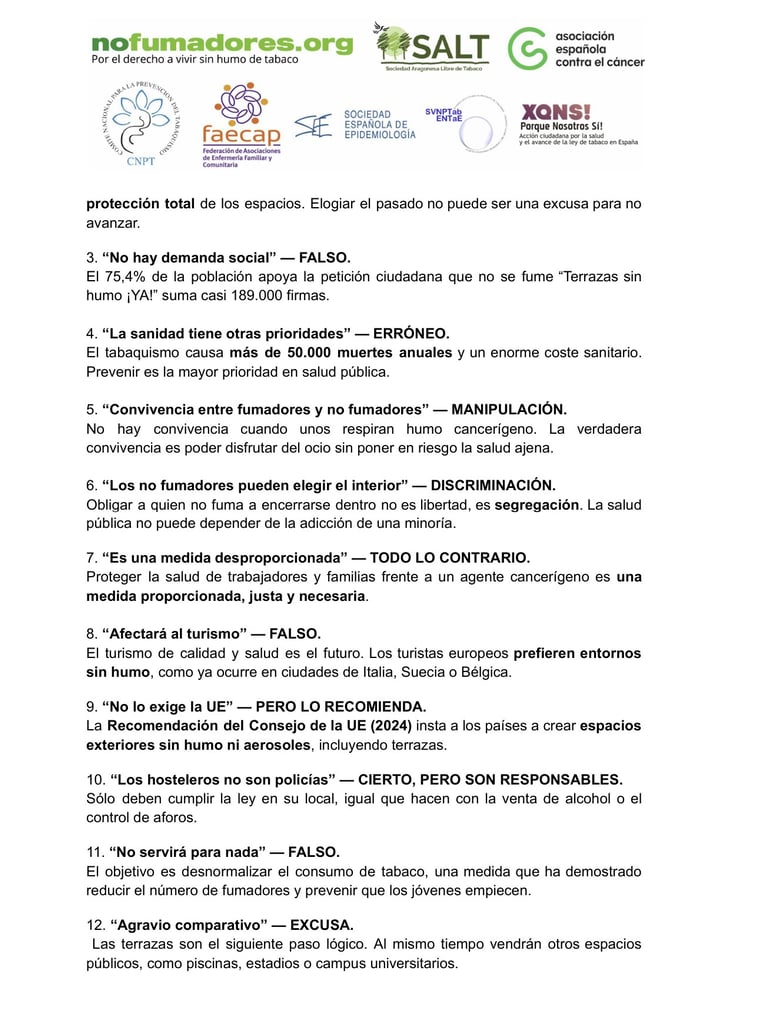 Organizaciones sanitarias y sociedad civil  desmontan las 14 excusas del lobby hostelero 
