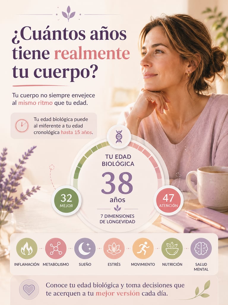 edad biológica femenina y longevidad basada en inflamación, metabolismo, sueño, estrés, nutrición y